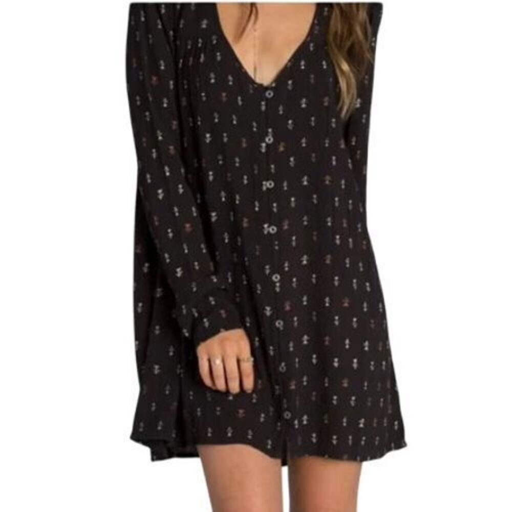 Billabong‎ Boho Black Mini Dress with Tiny Floral Print V-Neck Swing Dress